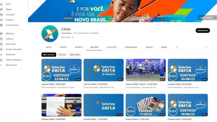 YouTube da Caixa Quina de São João ao vivo online transmissão