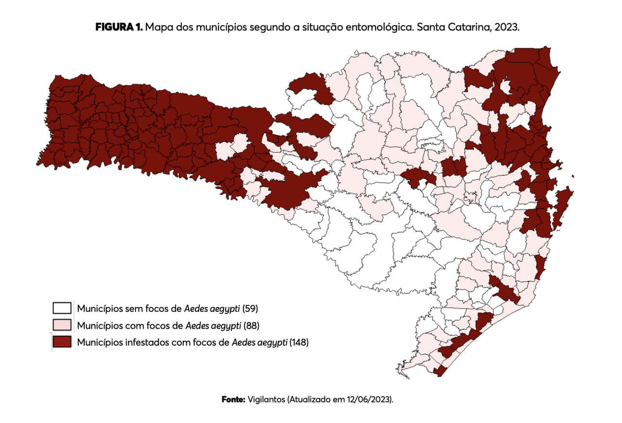 Mapa de cidades infestadas pelo mosquito da dengue em SC