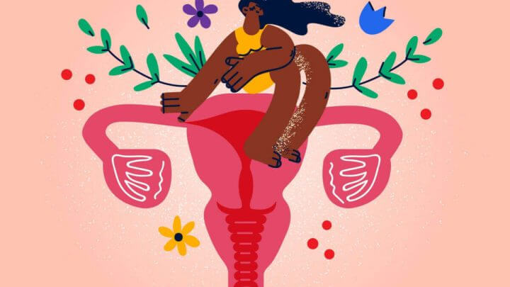 Ilustração colorida de útero com mulher em cima e flores