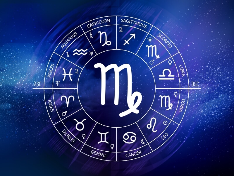 Ilustração do signo de Virgem no centro de um circulo com os 12 signos do zodíaco