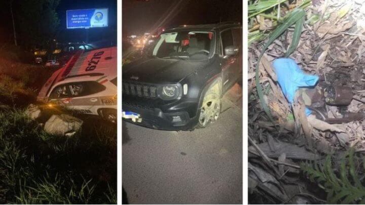Imagens mostram carro das vítimas, arma usada pelo criminoso e viatura acidentada da PM (Foto: Polícia Militar, Divulção)