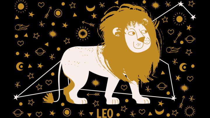 Ilustração de um leão com desenhos de lua e sol ao seu redor