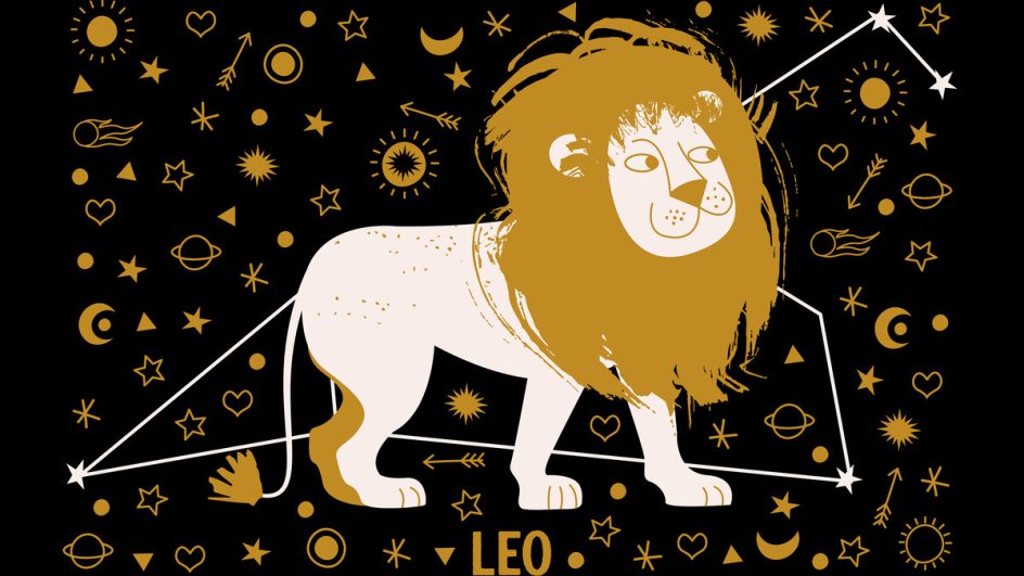 Ilustração de um leão com desenhos de lua e sol ao seu redor
