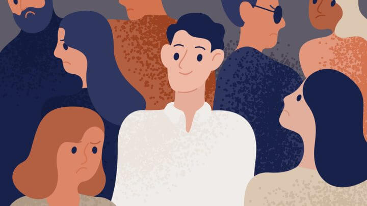 Ilustração de um homem sorrindo no meio de pessoas emburradas