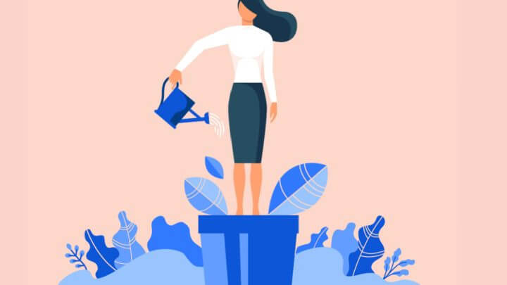 Imagem vetorial de mulher regando a si mesma, exemplo de crescimento/desenvolvimento pessoal