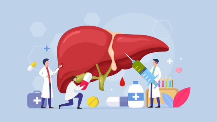 Ilustração de um médicos tratando fígado
