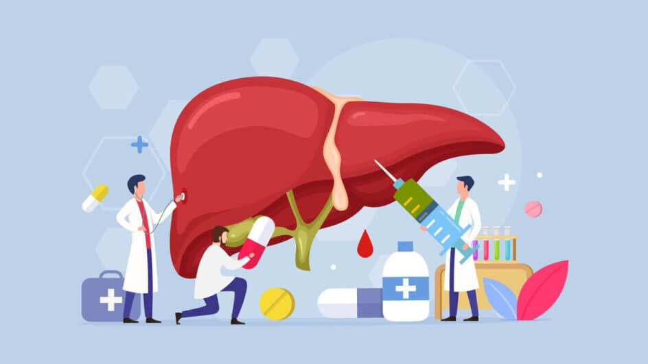 Ilustração de um médicos tratando fígado