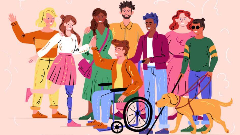 Ilustração de pessoas com diversos tipos de deficiências, reunidas e sorrindo.