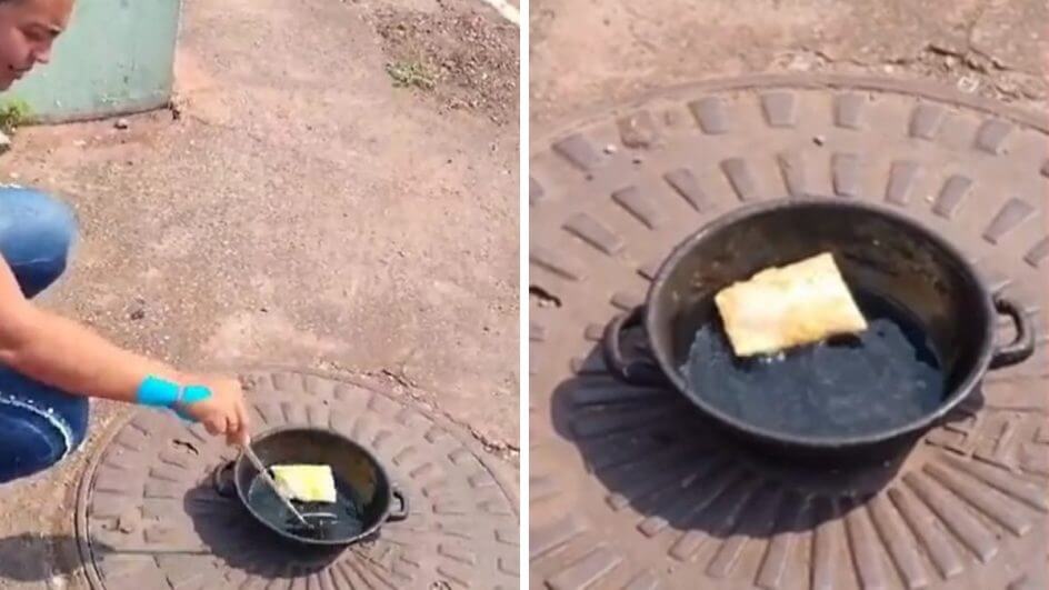 Montagem com duas fotos que mostram mulher fritando um pastel na calçada