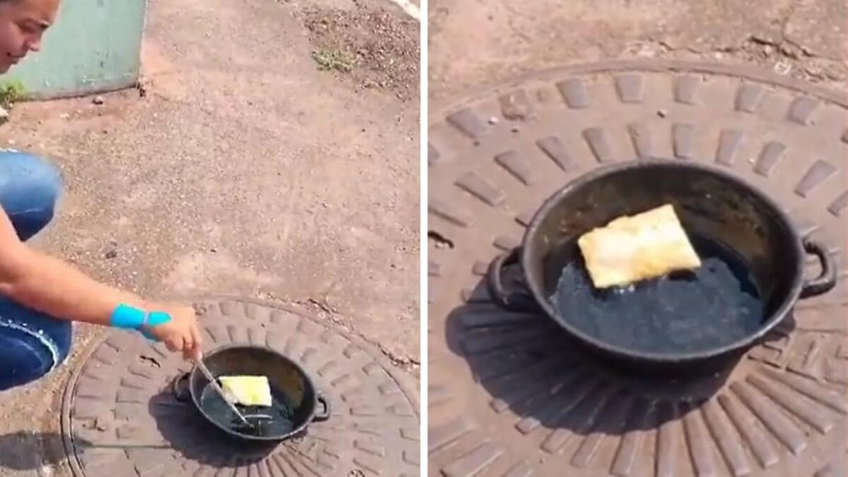 Montagem com duas fotos que mostram mulher fritando um pastel na calçada