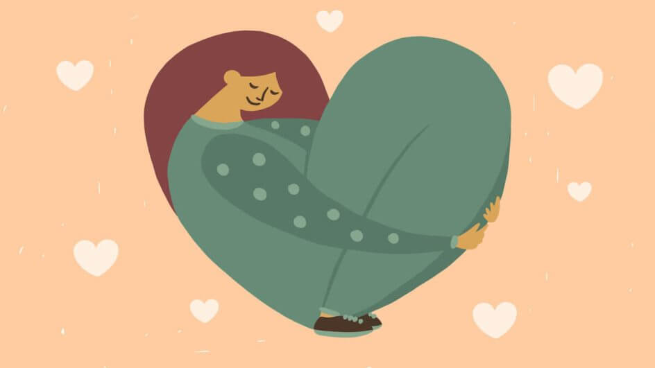 Ilustração de uma mulher em formato de coração se abrançando