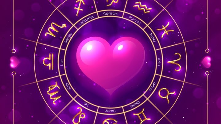 Ilustração de mandala com signos e coração no meio em tons de rosa e roxo