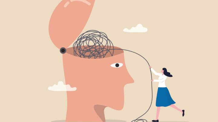 Ilustração de uma mulhe rpuxando uma linha preta de dentro de uma cabeça