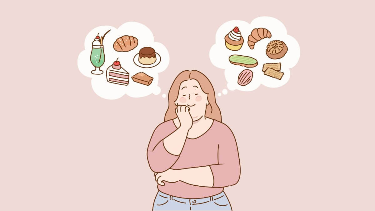 Ilustração de uma mulher imaginando comidas em um fundo rosa