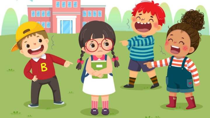 Desenho de ilustração vetorial de uma menina triste sendo intimidada por seus colegas de escola no pátio.