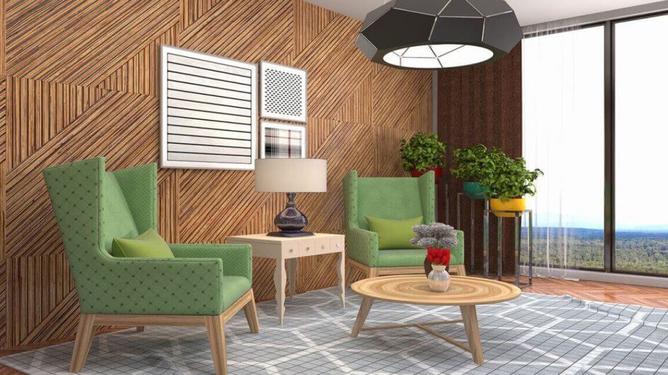 Sala de estar com parede de madeira, poltronas verdes e luminária preta