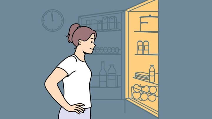 Ilustração de uma mulher procurando o que comer na geladeira