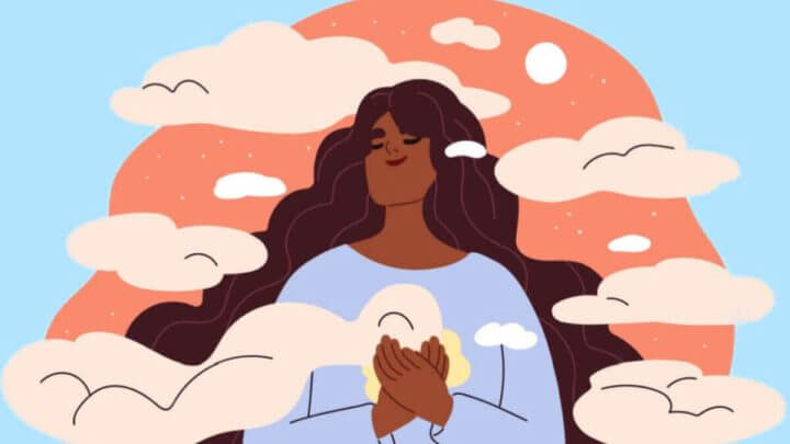 Ilustração de mulher com as mãos no peito em sentido de gratidão