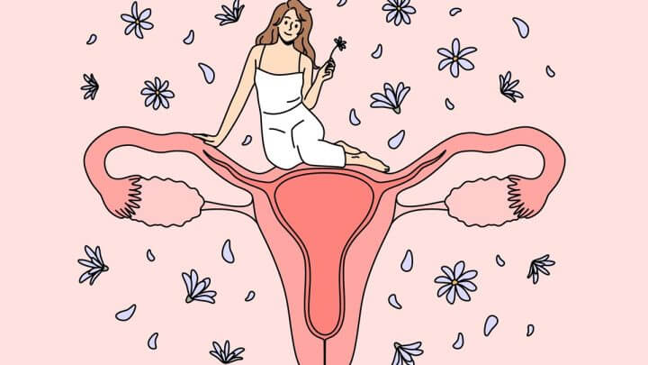 Ilustração de jovem em cima de útero e flores em volta