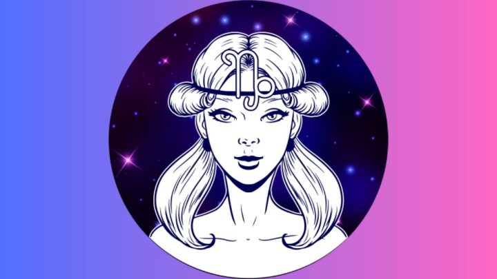 Ilustração de uma mulher em um céu estrelado usando uma tiara com o símbolo do signo de Capricórnio