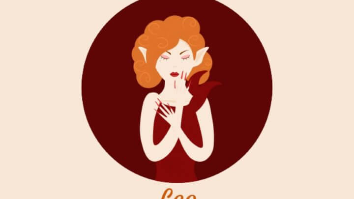 Ilustração de uma mulher com cabelo ruivo, orelhas de leão e vestido vermelho dentro de um círculo