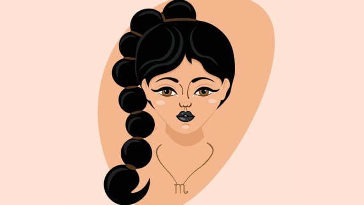Ilustração de uma mulher com cabelo preto e colar com o símbolo de Escorpião