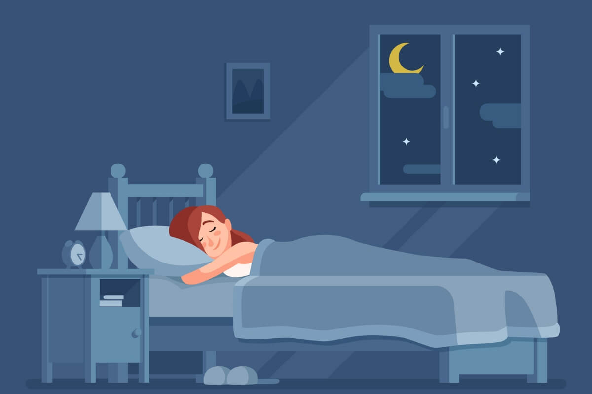 Ilustração de uma mulher dormindo em um quarto com janela