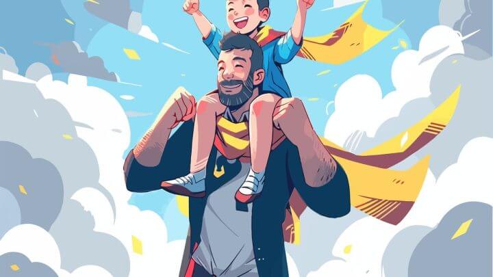 Ilustração de um homem vestindo uma capa de herói com um menino feliz em cima dos seus ombros