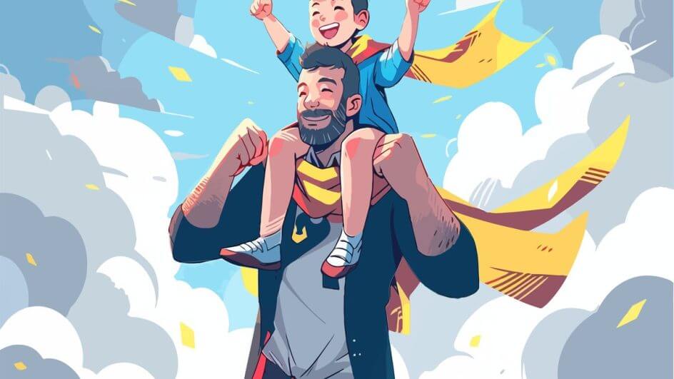 Ilustração de um homem vestindo uma capa de herói com um menino feliz em cima dos seus ombros