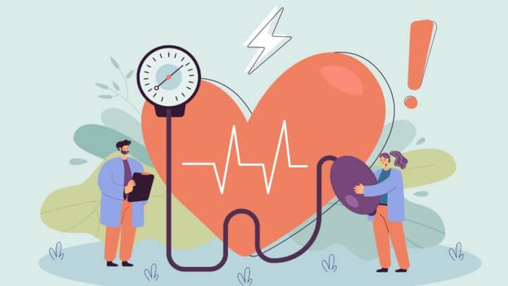 Ilustração de dois médicos examinando um coração