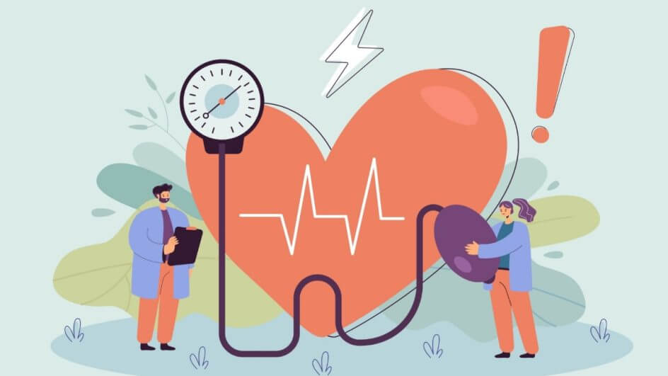 Ilustração de dois médicos examinando um coração