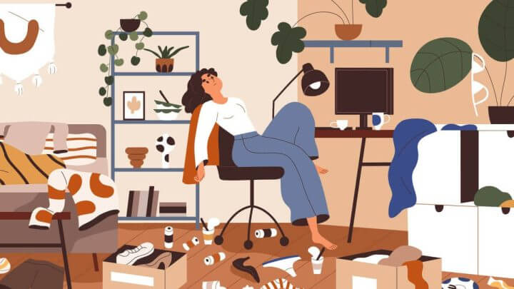 Mulher em quarto bagunçado procrastinando atividades