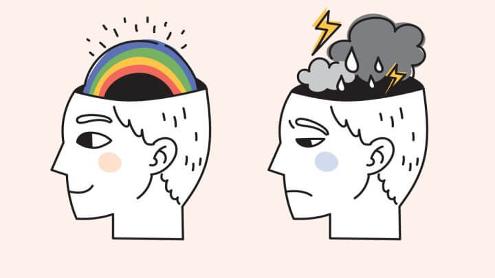 Ilustração de duas cabeças uma com arco-íris e a outra com tempestade