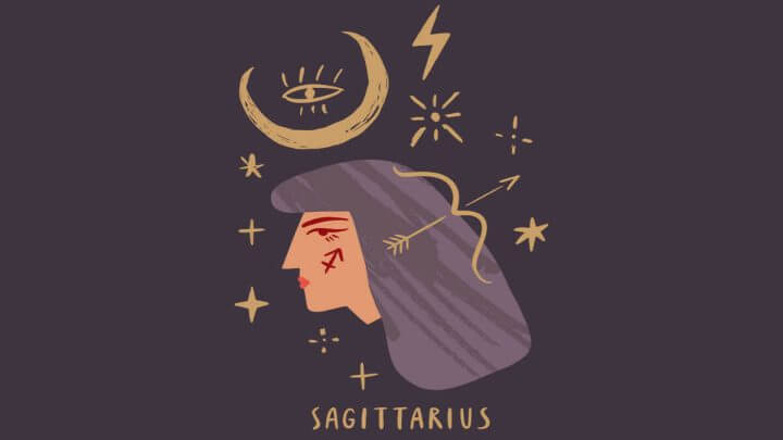 Ilustração de mulher com símbolos do signo de Sagitário