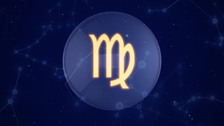 Ilustração do símbolo do signo de Virgem em um círculo em um céu estrelado