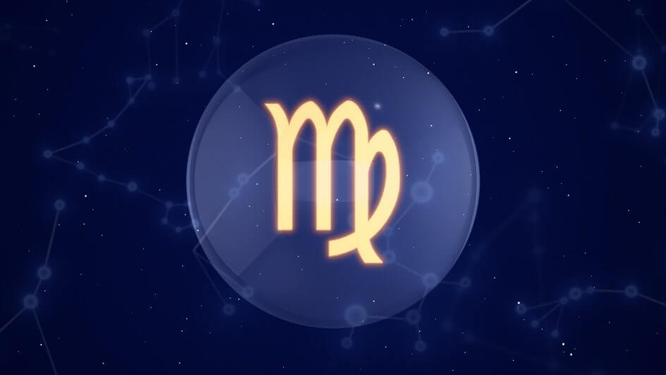 Ilustração do símbolo do signo de Virgem em um círculo em um céu estrelado