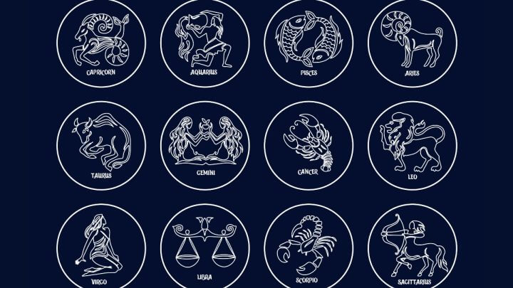 Ilustração dos doze signos em um fundo azul escuro