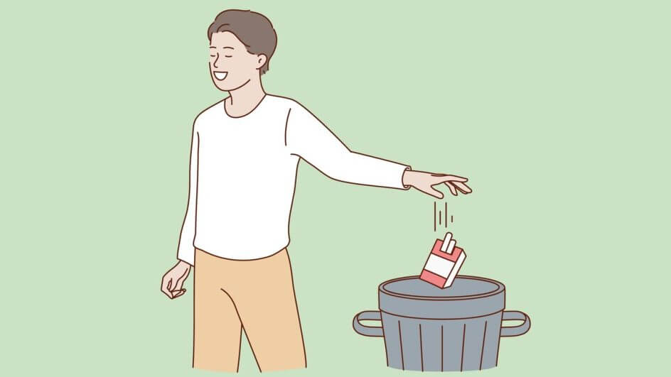 Ilustração de um homem jogando uma cartela de cigarro no lixo