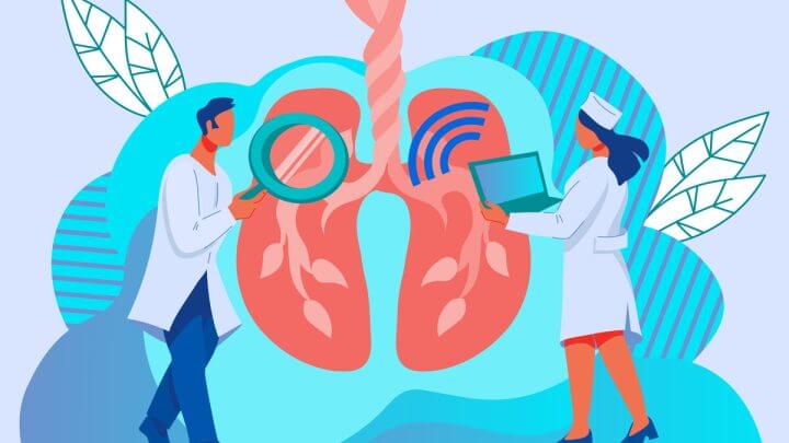 Ilustração de médicos examinando um pulmão