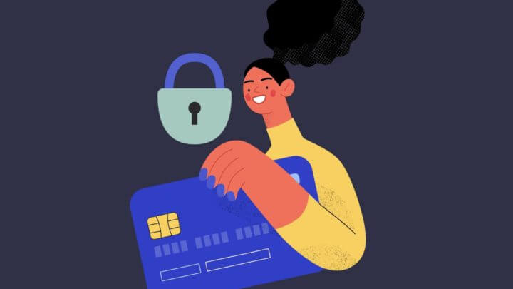 Ilustração de uma mulher segurando um cartão de crédito e ao lado uma ilustração de um cadeado, sinalizando bloqueio