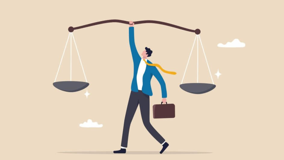 Ilustração de um homem segurando uma balança, simbolizando justiça/integridade