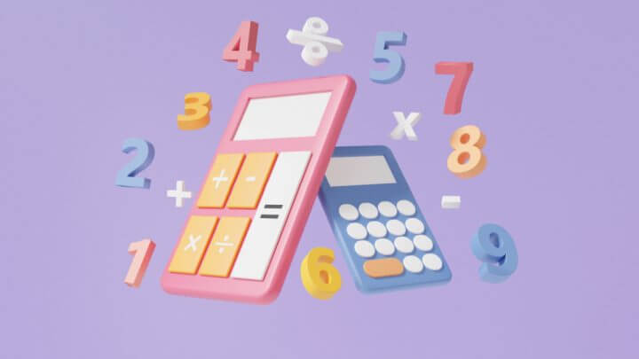 Ilustração de uma calculadora e de símbolos básicos de operação matemática