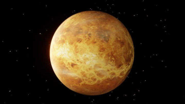 Planeta Vênus amarelado em fundo preto com estrelas