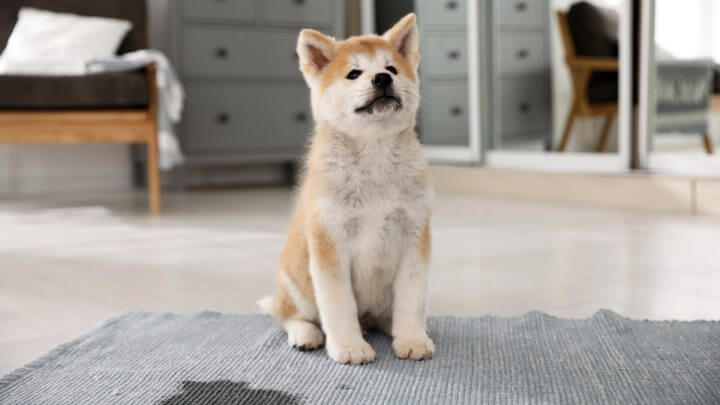 Filhote de cachorro sentado em um tapete cinza com uma poça de xixi ao lado