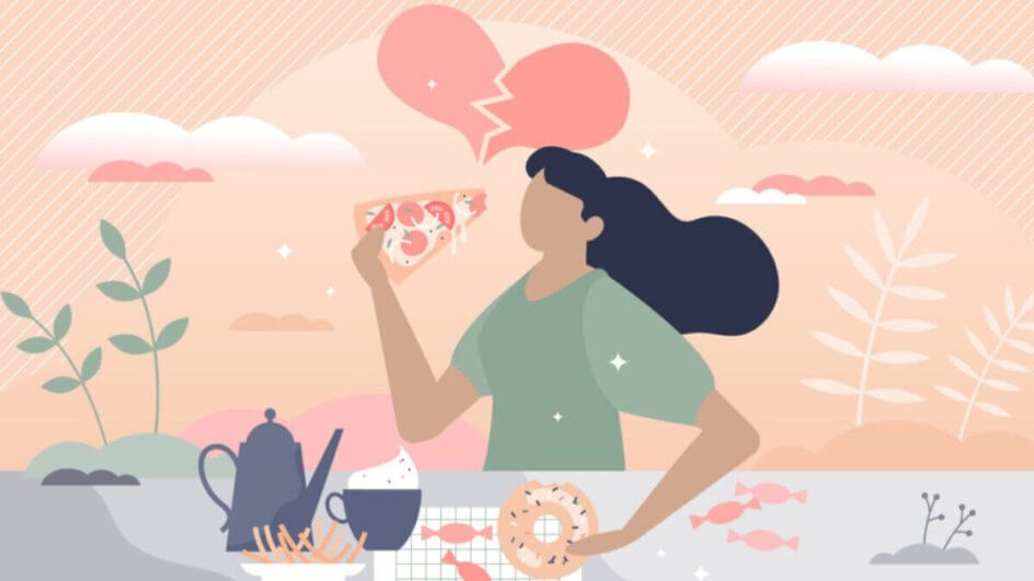 Ilustração de mulher comendo com conceito de distúrbio alimentar