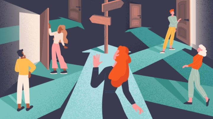 Ilustração de pessoas em frente a portas e placas. Conceito de escolhas.
