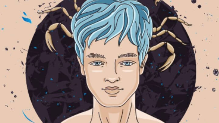 Ilustração de um homem com olho e cabelo azul com as garras de um escorpião na cabeça
