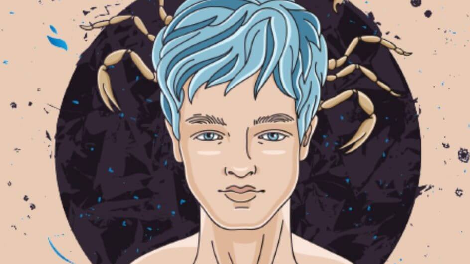 Ilustração de um homem com olho e cabelo azul com as garras de um escorpião na cabeça
