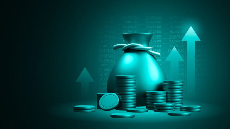 Ilustração digital de um saco de moedas com várias moedas empiladas ao redor