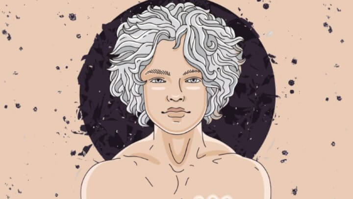 Ilustração de um homem com cabelo branco com o símbolo do signo de Aquário no peito